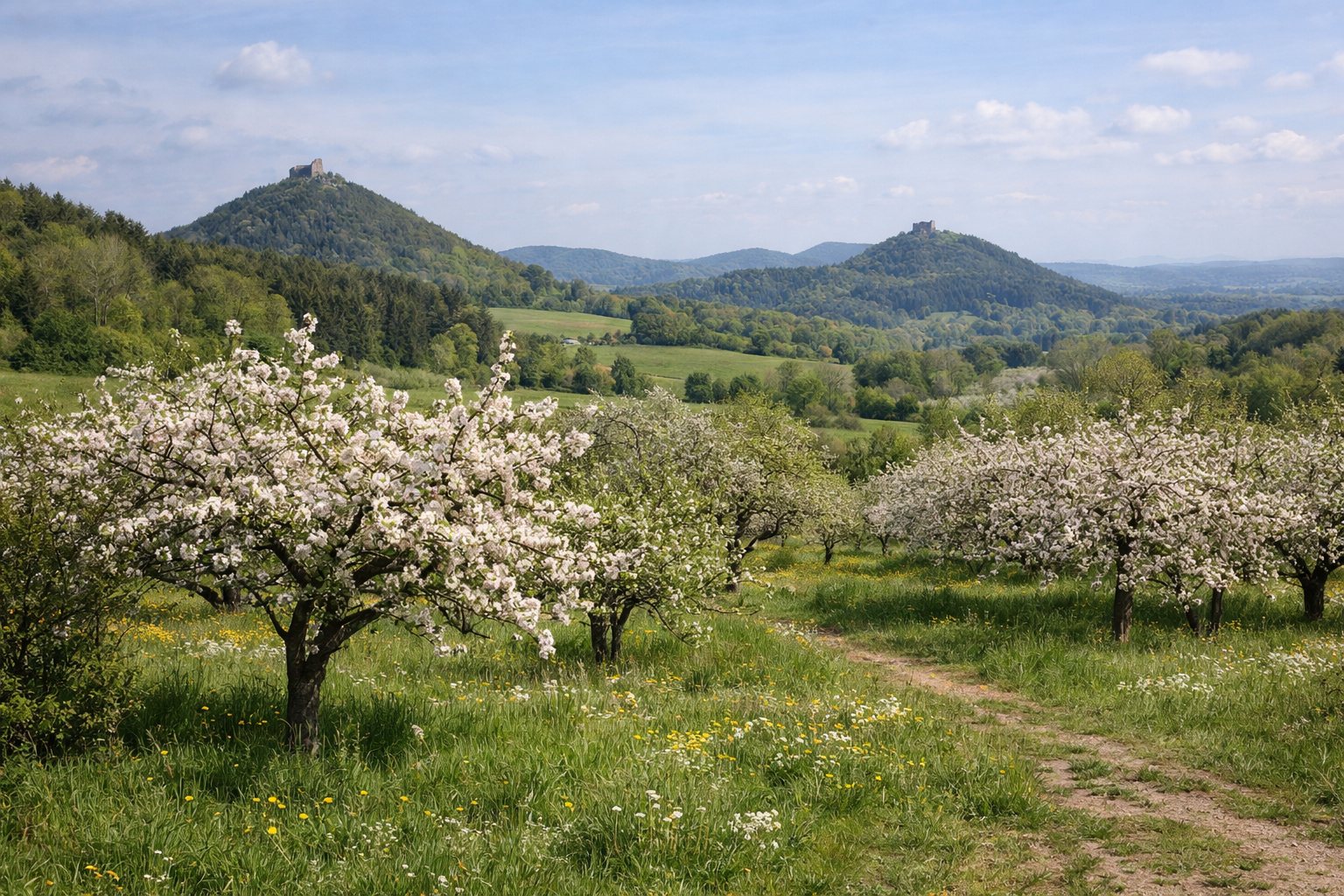 Streuobstwiesen und sanfte Hügel im Frühling