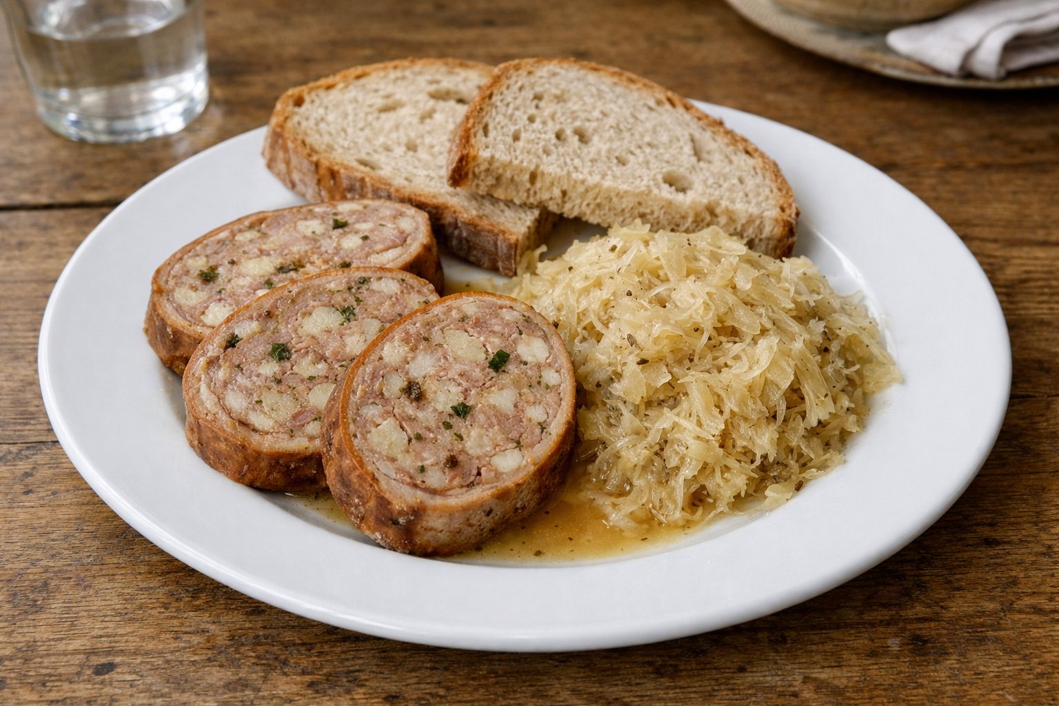 Scheiben Saumagen mit Sauerkraut und Bauernbrot auf einem Teller