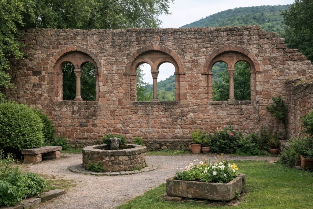 Romanische Synagogenruine mit Rundbogenfenstern in einem stillen Gartenhof