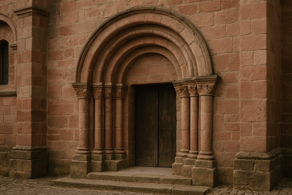 Romanisches Portal aus rotem Sandstein mit Rundbögen und Kapitellen