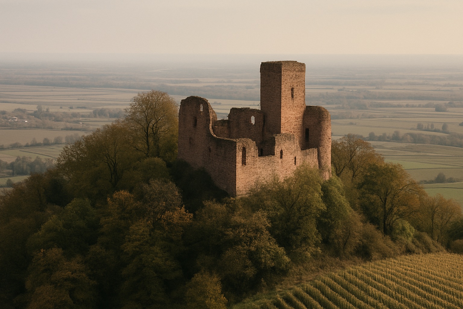 Burgruine aus rotem Sandstein auf einem bewaldeten Bergsporn über Weinbergen und der Rheinebene