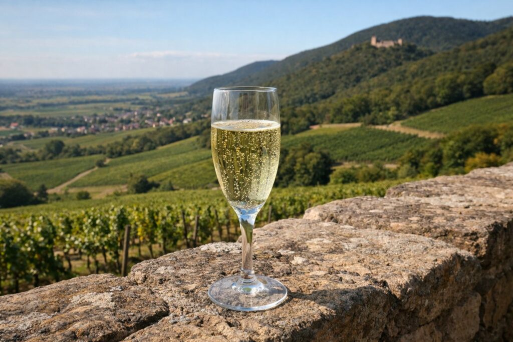 Glas Sekt mit feinen Perlen auf einer Sandsteinmauer über Weinbergen