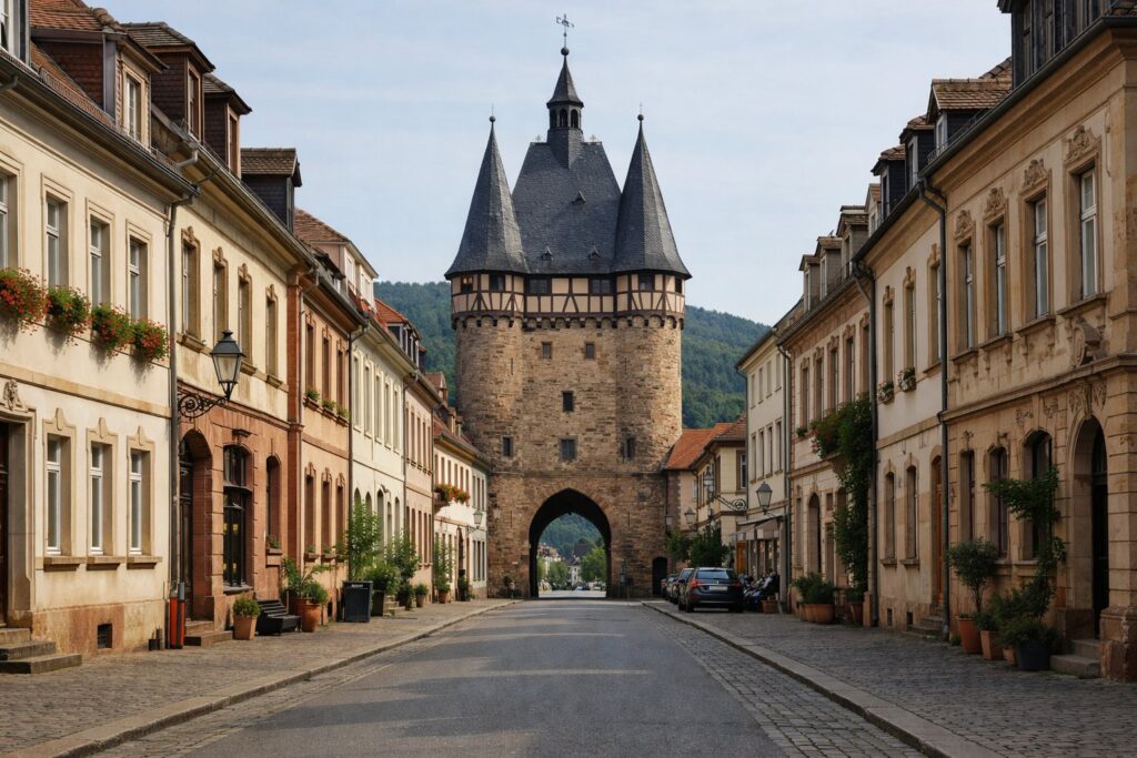 Mittelalterlicher Torturm am Ende einer breiten Altstadtstraße mit barocken Häusern