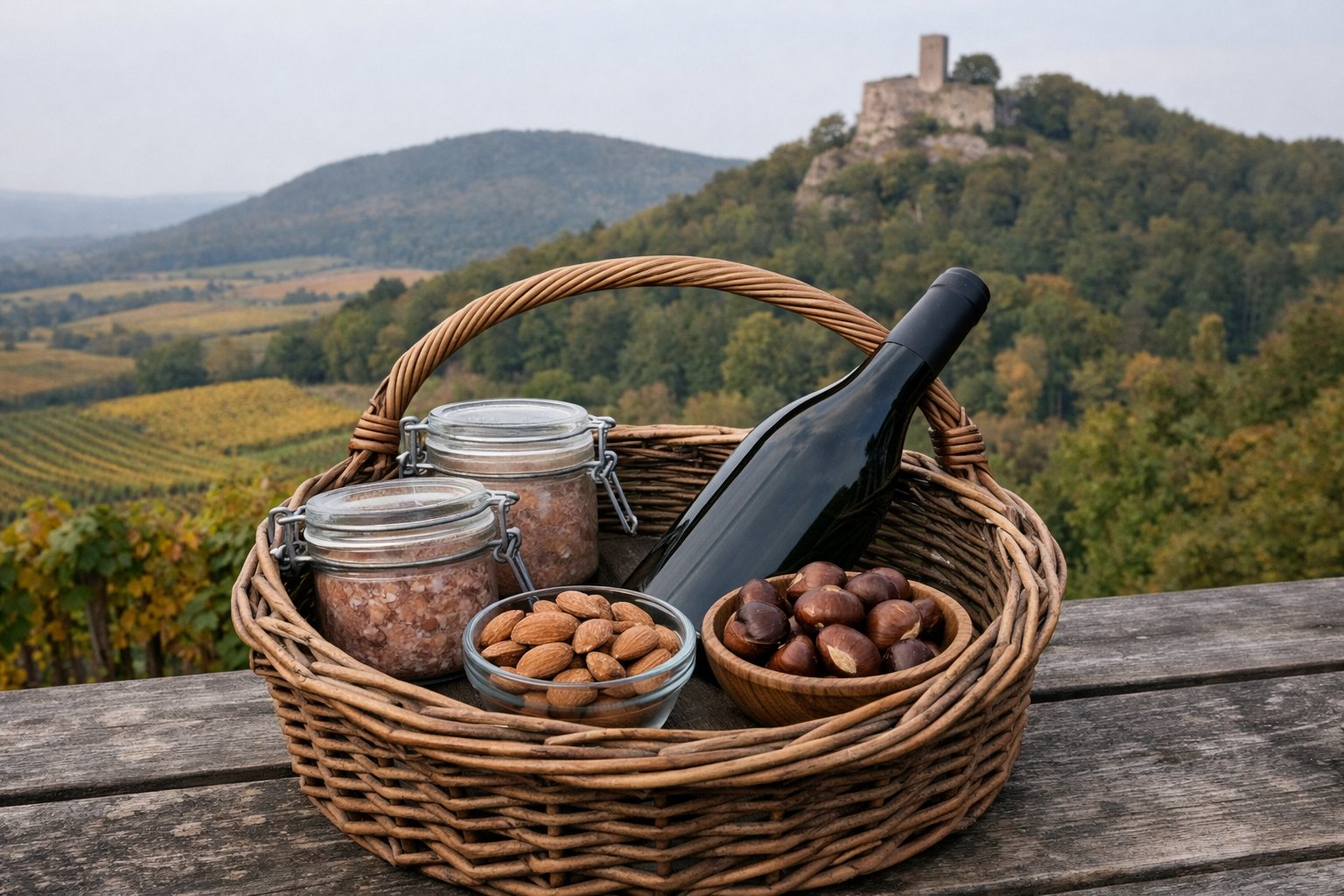 Korb mit Weinflasche ohne Etikett, Wurstgläsern, Mandeln und Kastanien