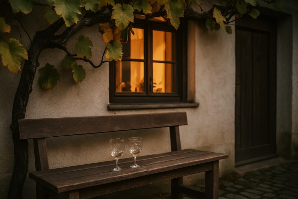 Holzbank vor einem Winzerhaus am Abend mit zwei leeren Weingläsern, darüber Weinlaub