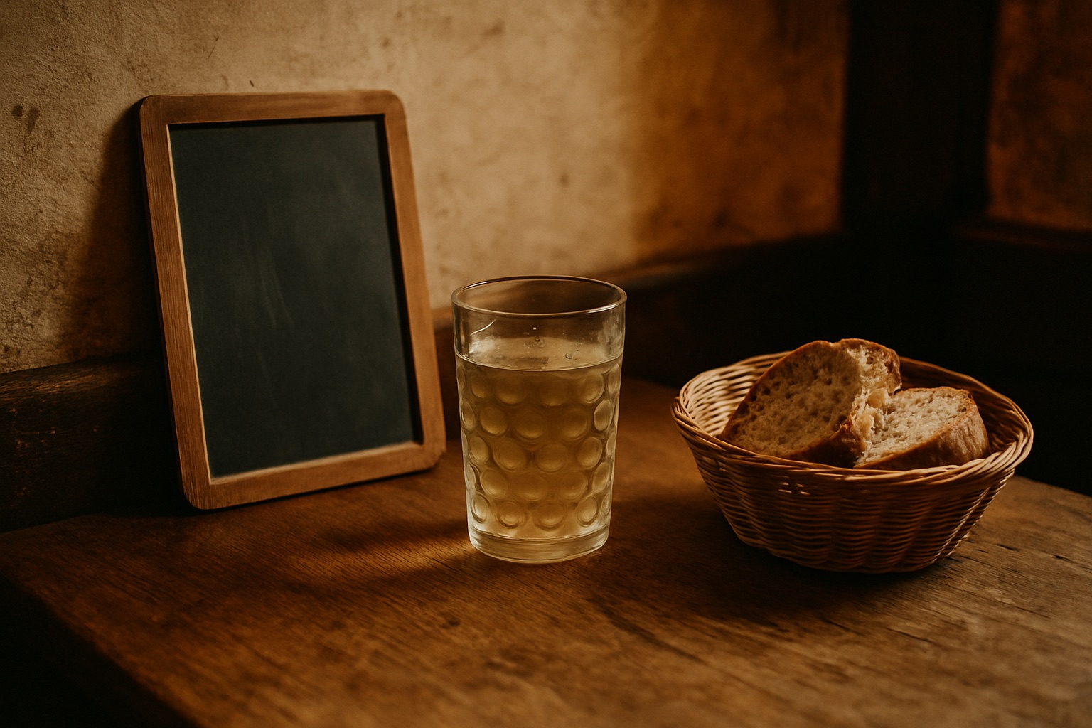 Tisch in einer Weinstube mit leerer Schiefertafel, einem Dubbeglas Schorle und einem Brotkorb