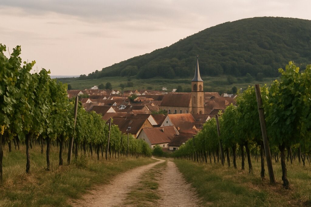 Weinbergsweg über einem Dorf mit Kirchturm, dahinter ein bewaldeter Hang