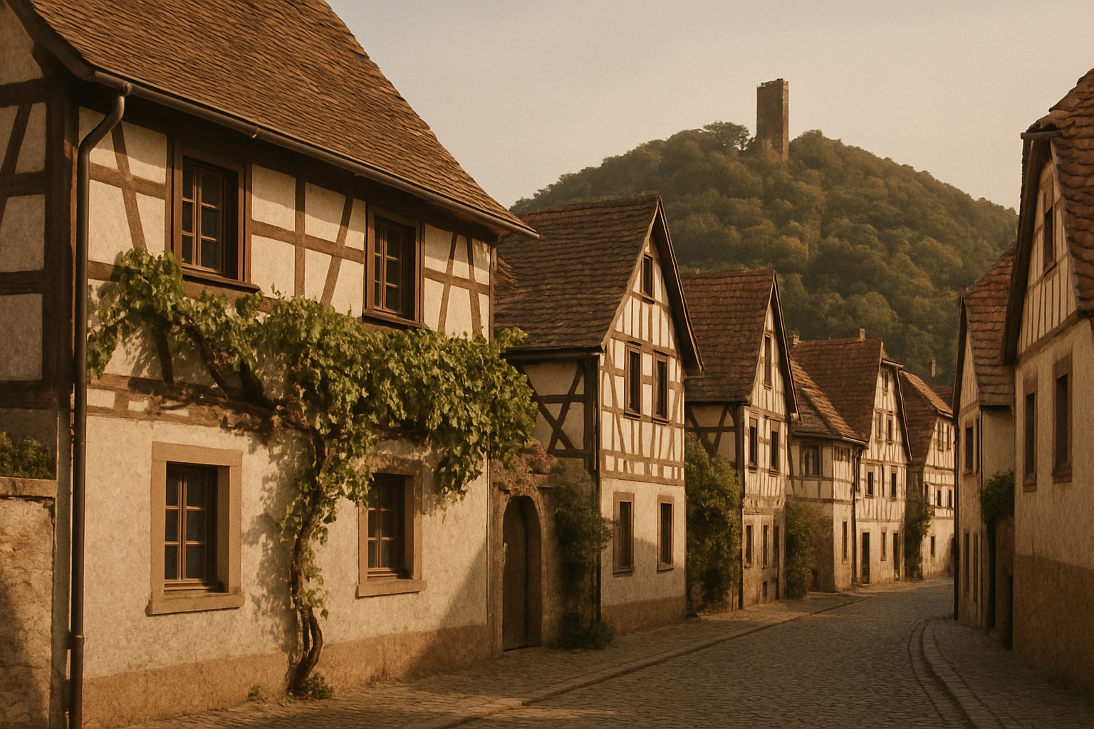 Fachwerkgasse mit Weinrebe an der Fassade, darüber eine Burgruine auf einem bewaldeten Hang