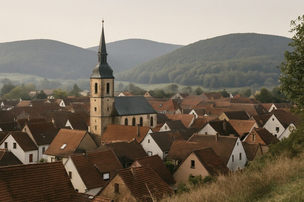 Dächer einer Kleinstadt mit Kirchturm vor den Hügeln des Pfälzerwalds
