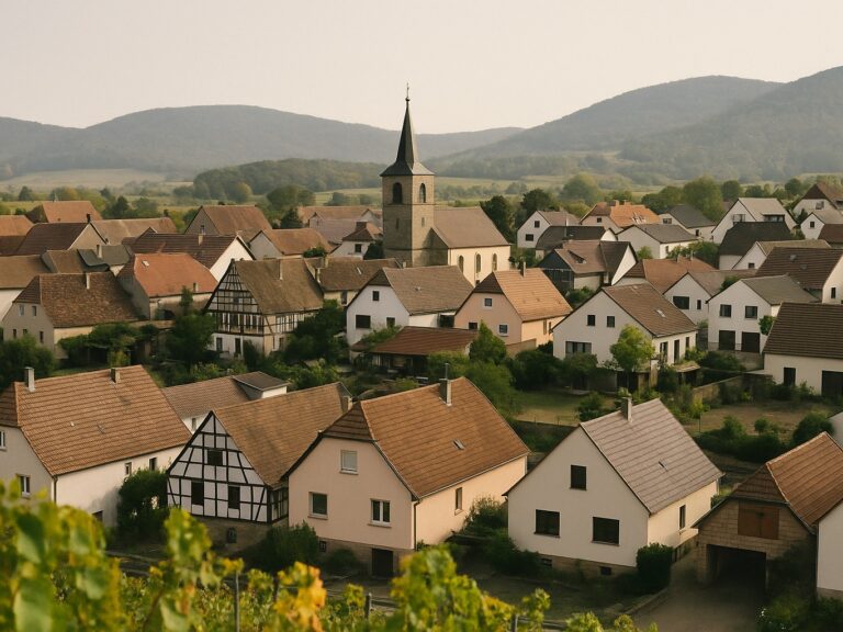 Dächer eines Weindorfs mit unterschiedlich alten Häusern, Fachwerkgiebeln und einem Kirchturm, aus den Weinbergen gesehen