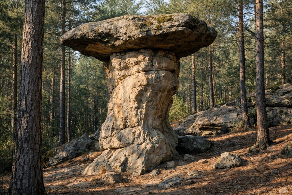 Hoher Sandsteinpfeiler mit überstehender Deckplatte im Kiefernwald