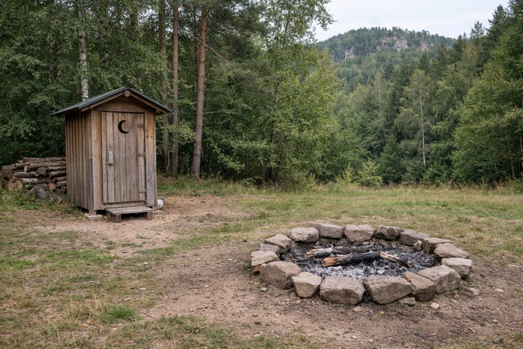 Kleine Komposttoilette aus Holz und Feuerring aus Steinen auf einer Waldlichtung
