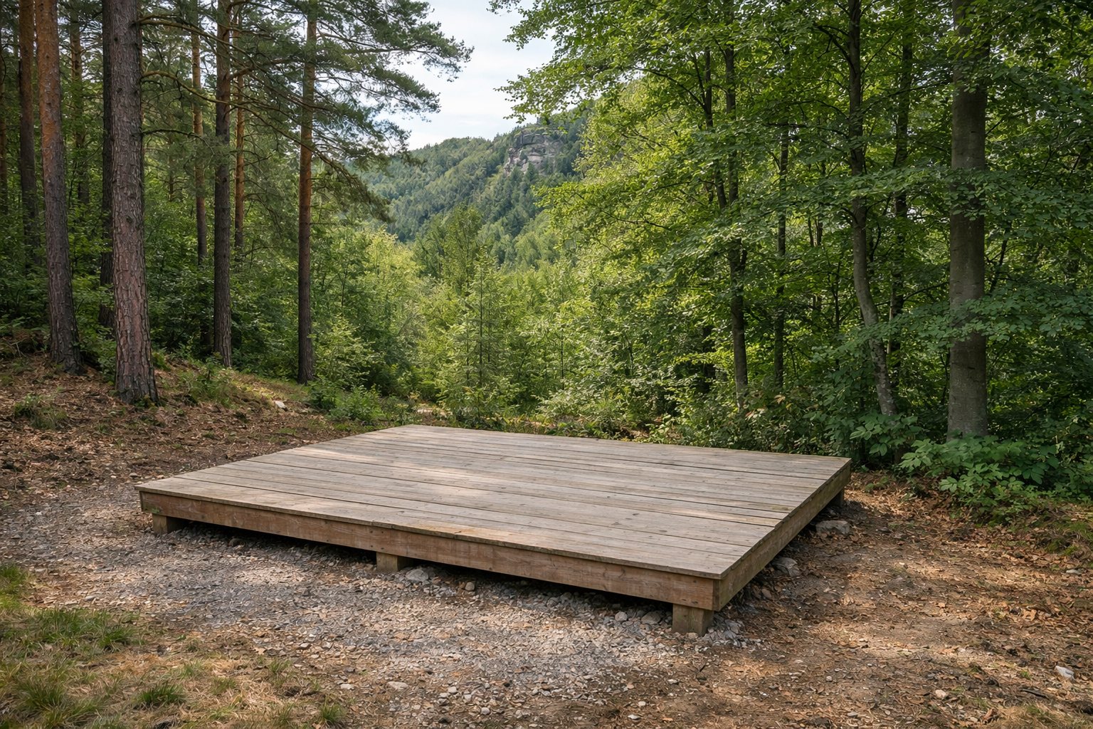 Holzplattform für ein Zelt auf einer kleinen Waldlichtung zwischen Kiefern und Buchen