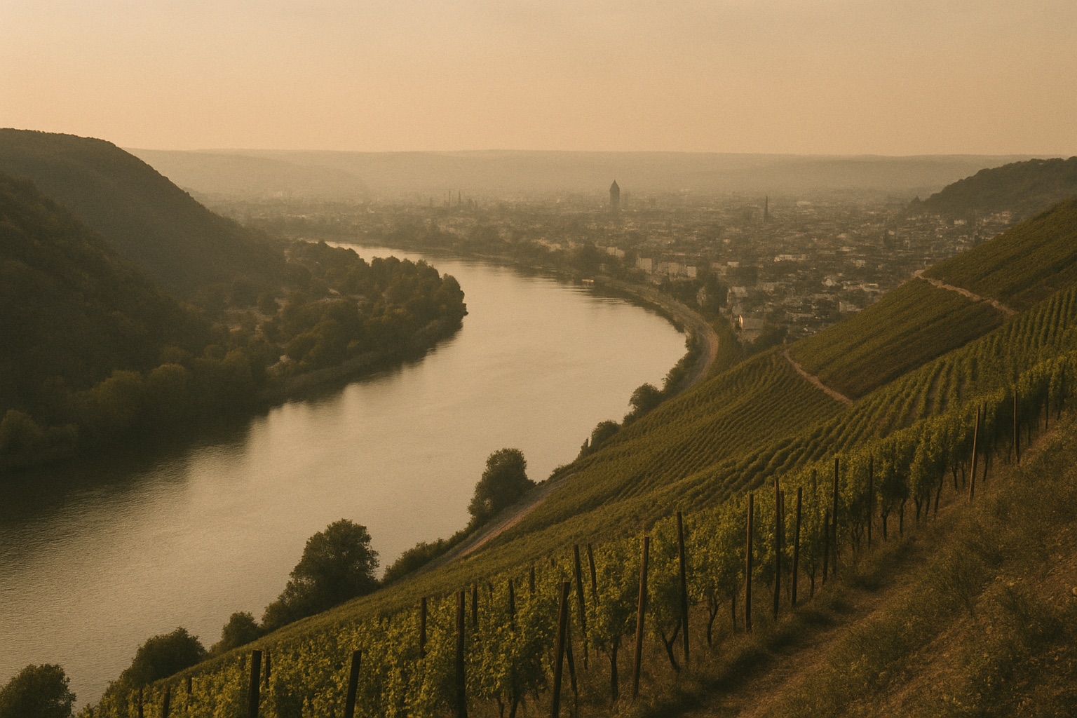 Moselbogen mit Weinbergen an steilen Hängen und einer Stadt im Dunst
