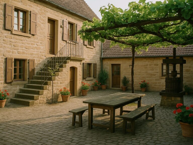 Innenhof eines Weinguts mit Sandsteinhaus, Außentreppe, Holztisch unter einer Weinlaube und einer alten Kelter