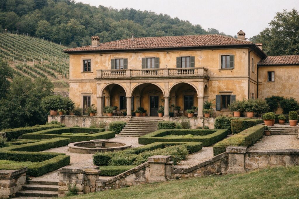 Gartenseite einer klassizistischen Villa mit Arkaden, Buchsgarten und Brunnen, dahinter Weinberge