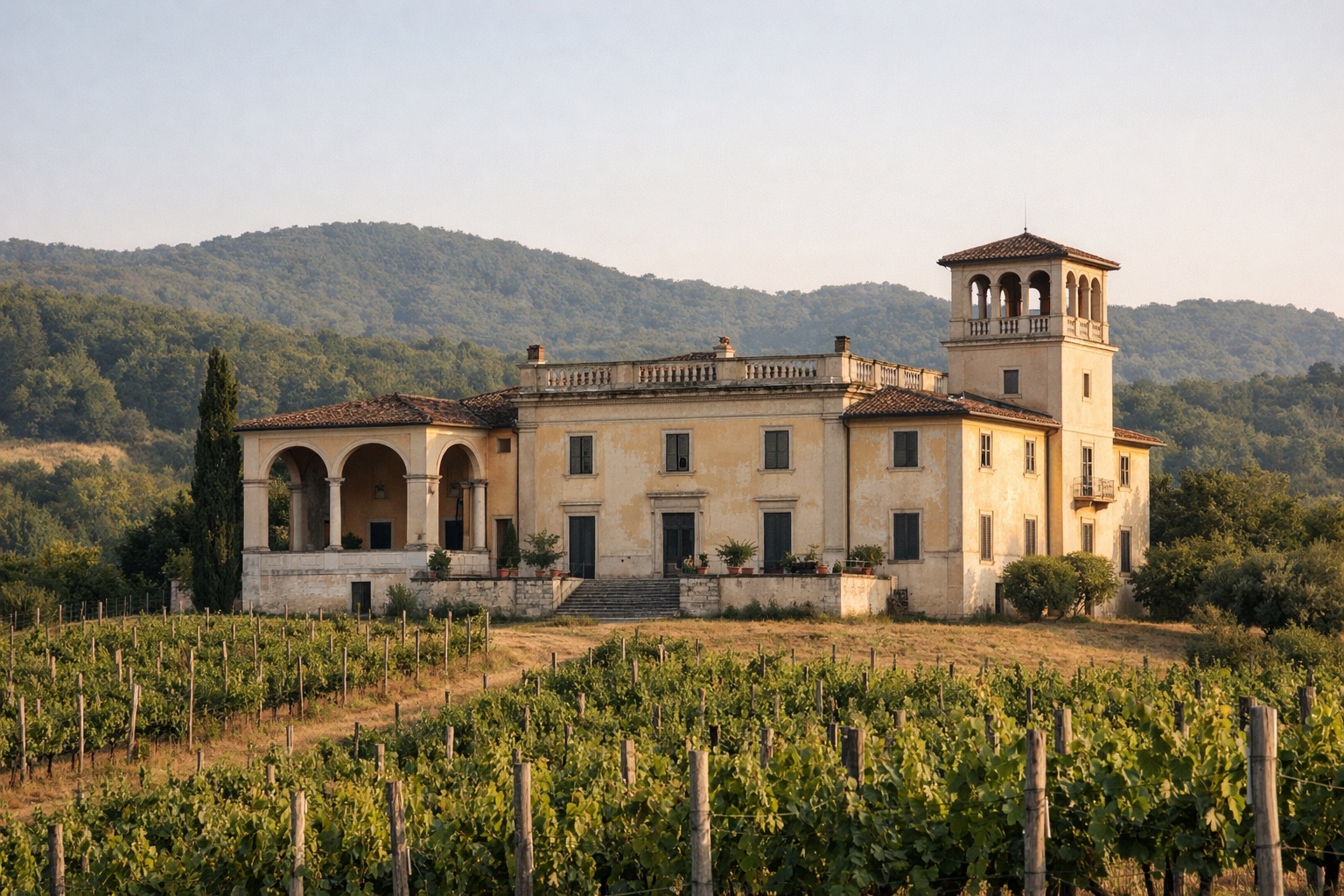 Klassizistische Villa mit Loggia und Turm in ockerfarbenem Putz vor Weinbergen und bewaldeten Hügeln
