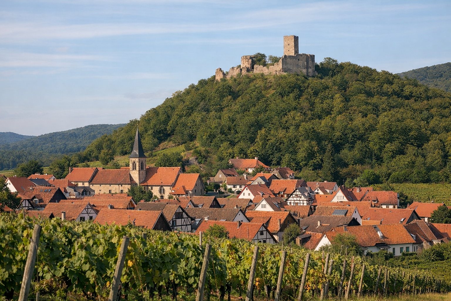 Kleiner Weinort mit roten Dächern und Weinbergen, darüber eine Burgruine auf bewaldetem Hügel