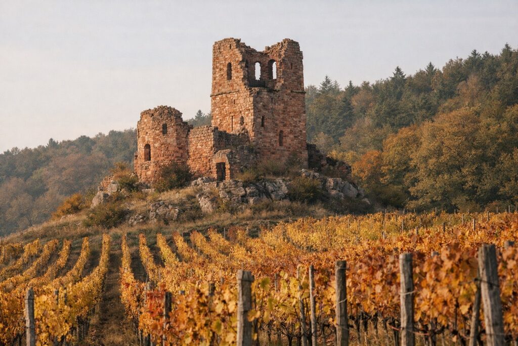 Ruinierter Turm aus rotem Sandstein über herbstlich gefärbten Rebzeilen