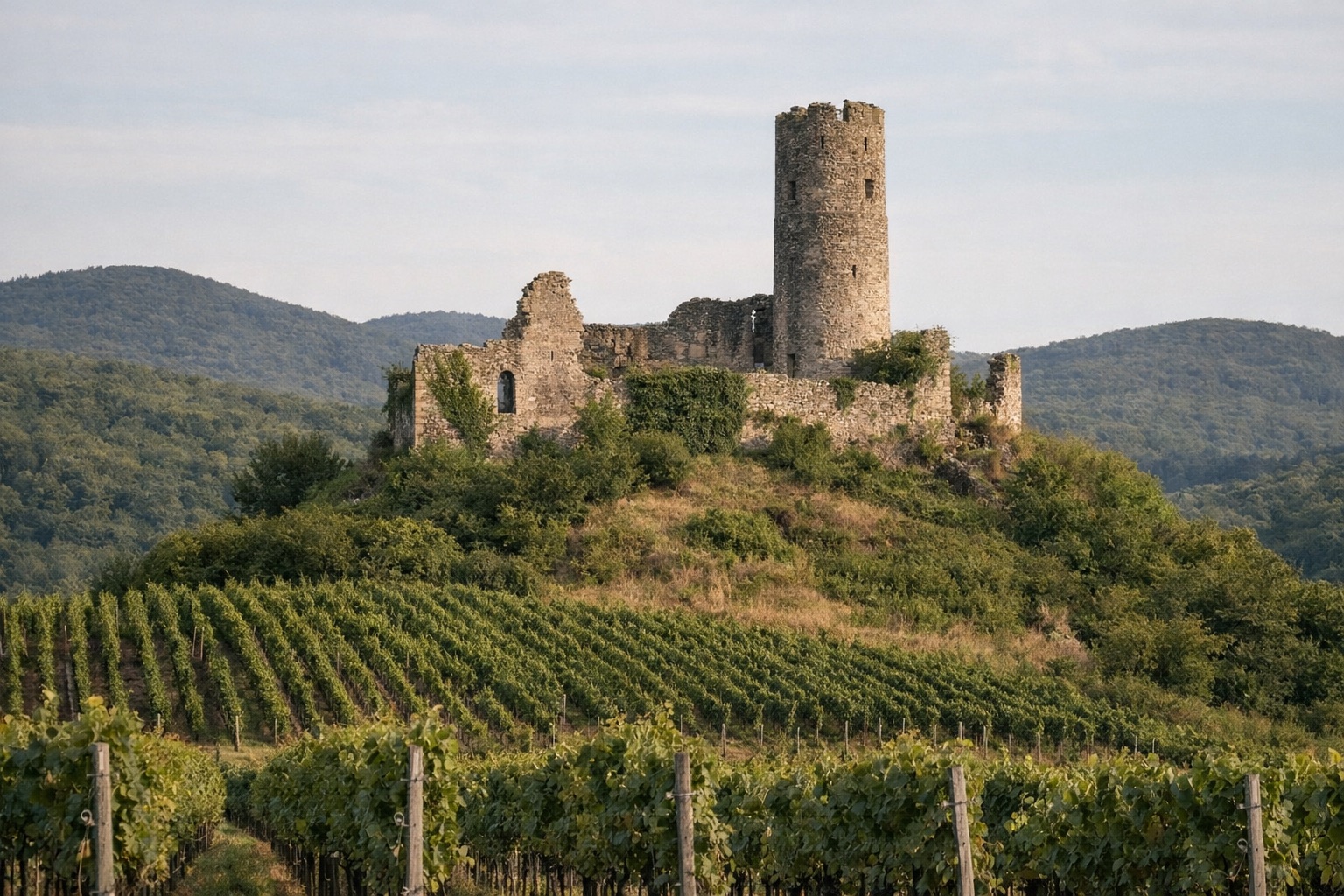 Burgruine mit hohem Rundturm auf einer Kuppe über Weinbergen, bewaldete Hügel dahinter