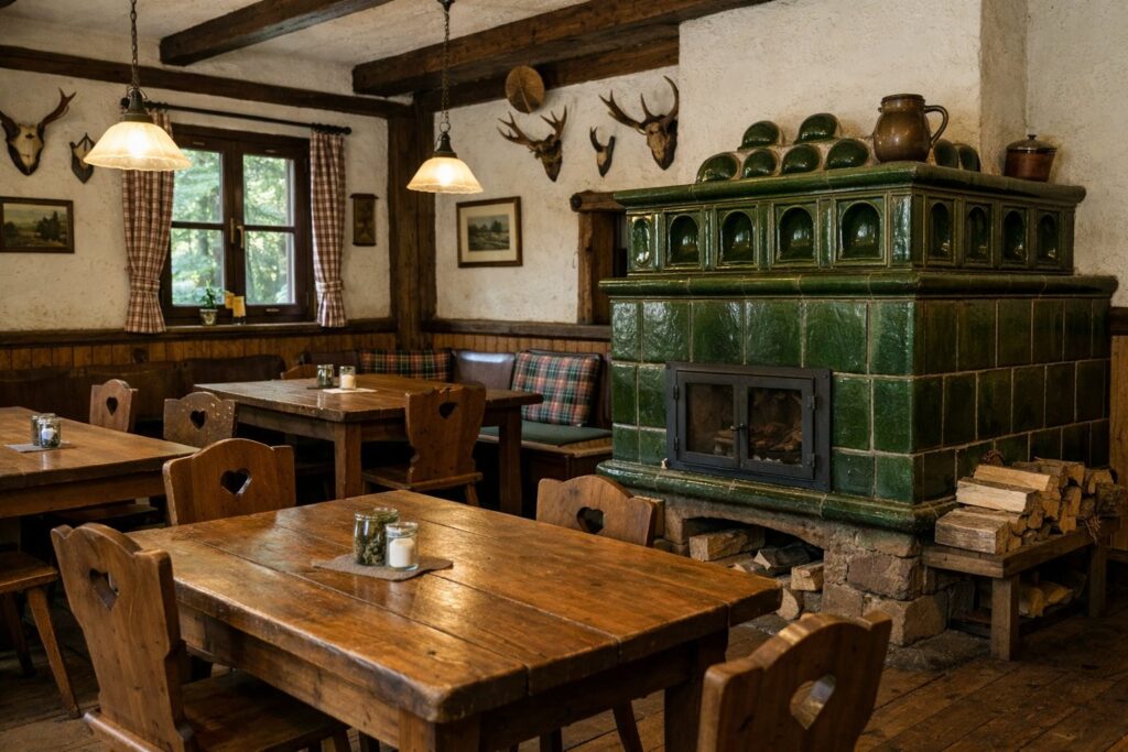 Rustikale Gaststube mit Holztischen und Kachelofen