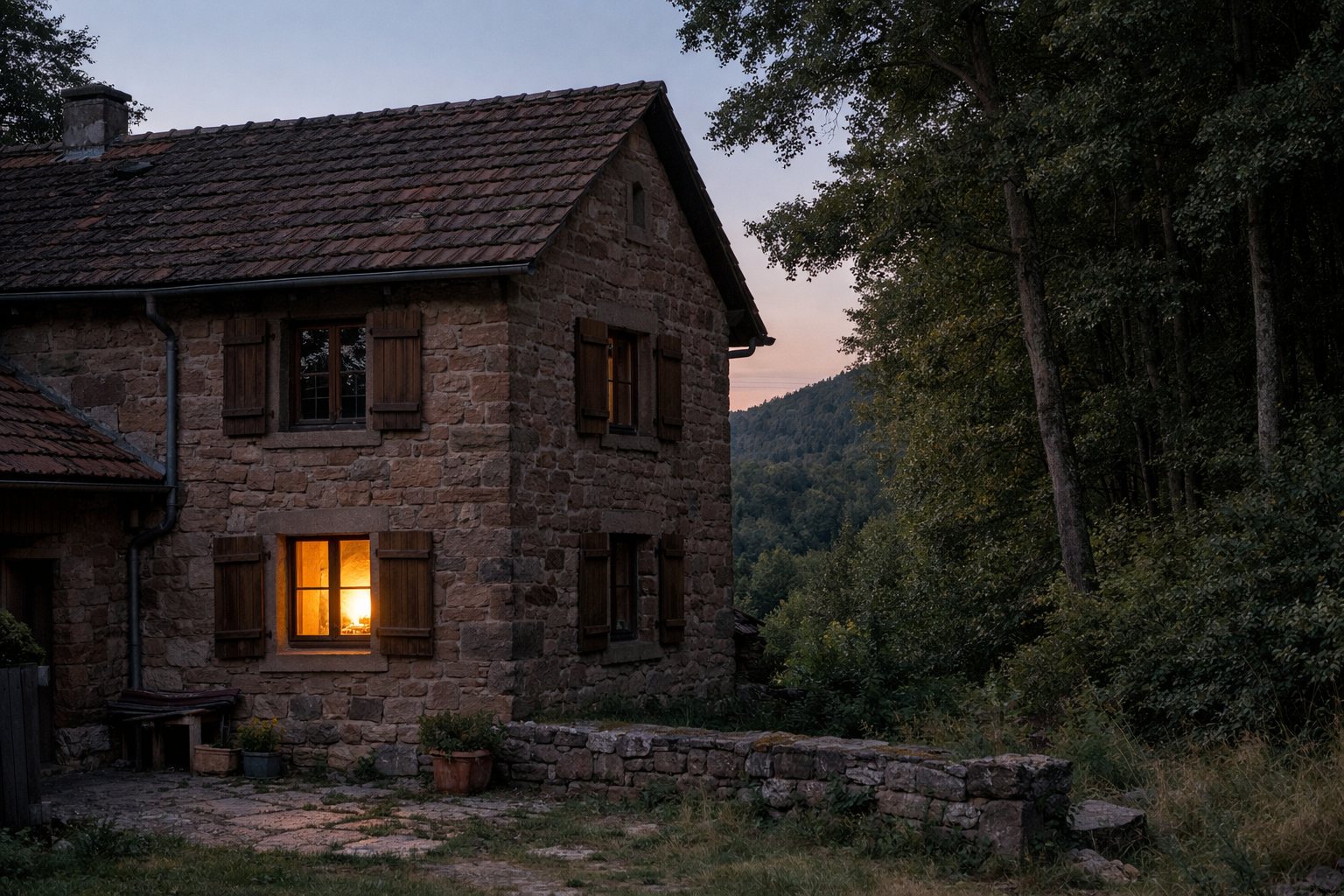 Steinhaus mit Holzläden am Waldrand in der Abenddämmerung, Licht im Fenster