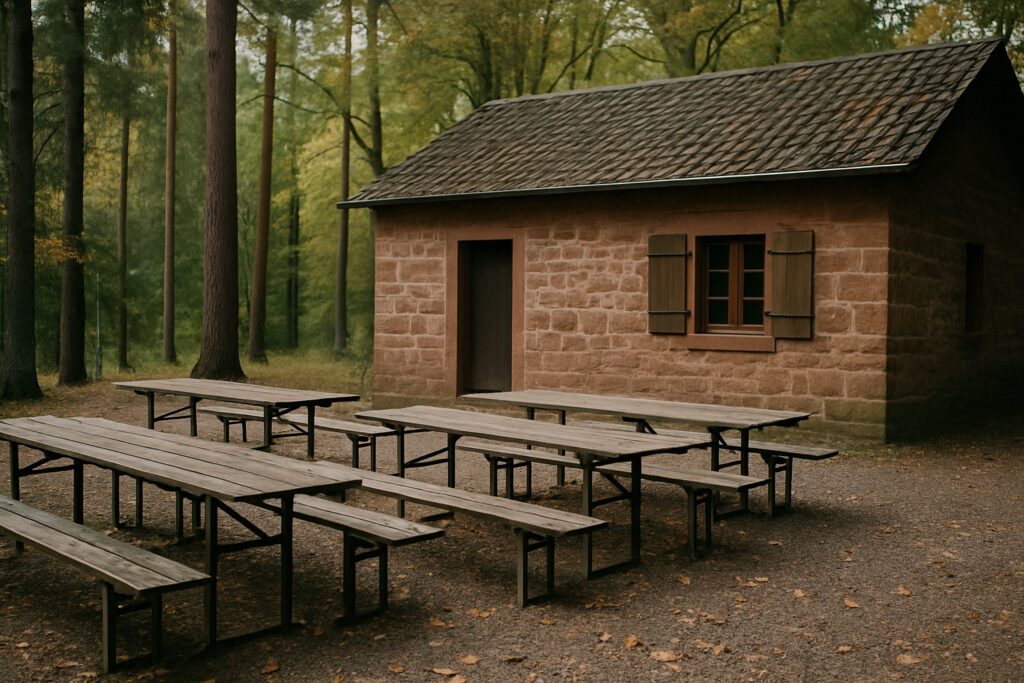 Leere Terrasse mit Holztischen vor einer einfachen Wanderhütte aus rotem Sandstein im Wald