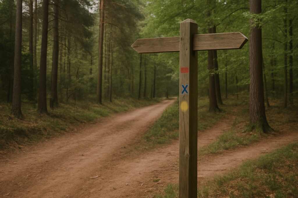 Hölzerner Wegweiserpfosten mit farbigen Wegzeichen ohne Schrift an einer Waldkreuzung