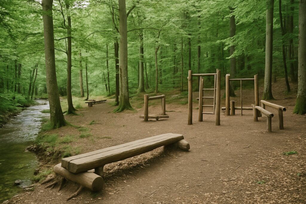 Naturspielplatz aus Stämmen an einem Bach im Buchenwald mit kleiner Balancierbrücke