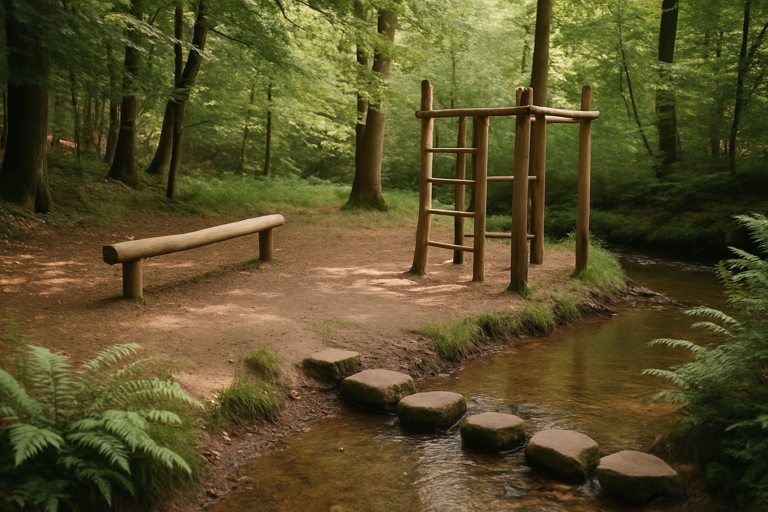 Holzspielgeräte, Balancierbalken und Trittsteine an einem flachen Waldbach zwischen Farnen