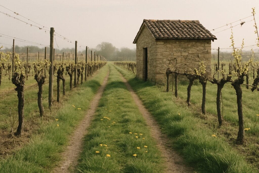 Grasweg zwischen Rebzeilen im Frühling mit einem kleinen Weinbergshäuschen aus Stein und Löwenzahn