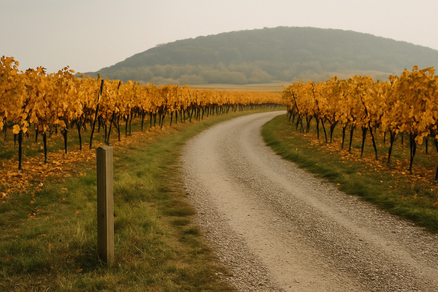 Schotterweg, der schräg zwischen Rebzeilen mit gelbem Herbstlaub verläuft, ein Holzpfosten am Wegrand, oben ein flacher Waldrücken