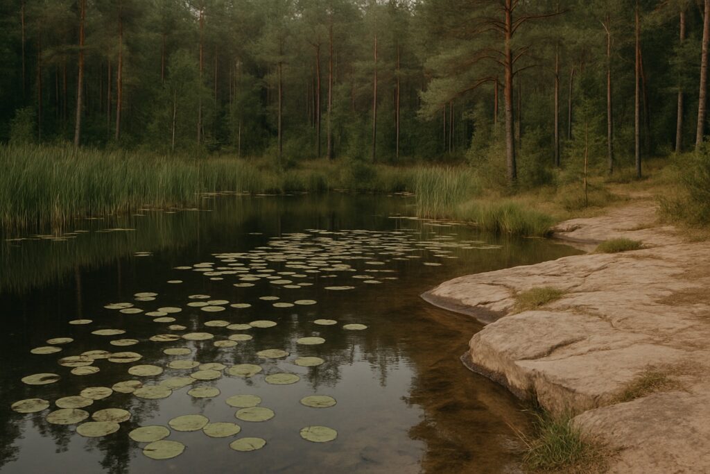 Waldweiher mit Seerosen und Sandsteinufer, Schilf und Kiefern im Spätsommer