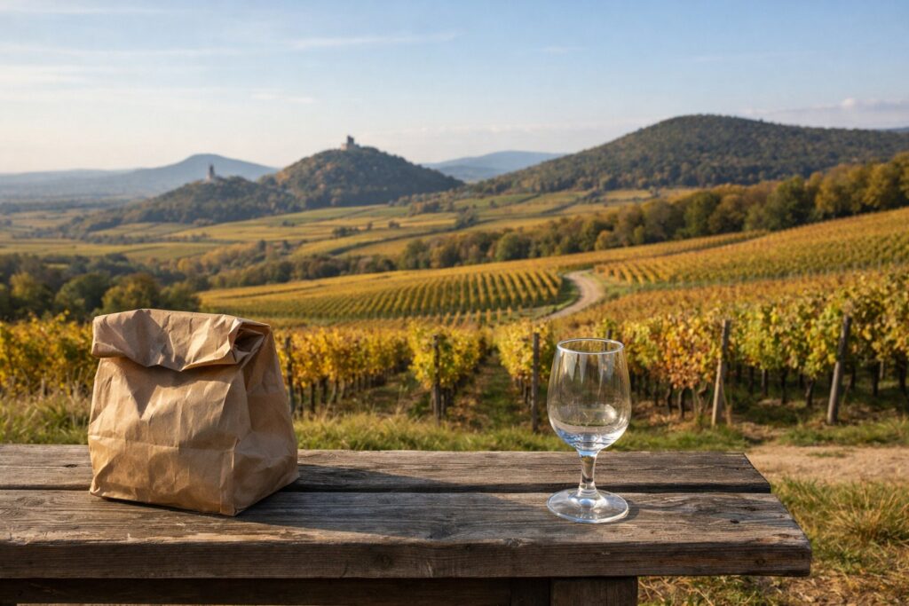 Herbstliche Rebzeilen von einer Holzbank aus gesehen, daneben ein leeres Glas