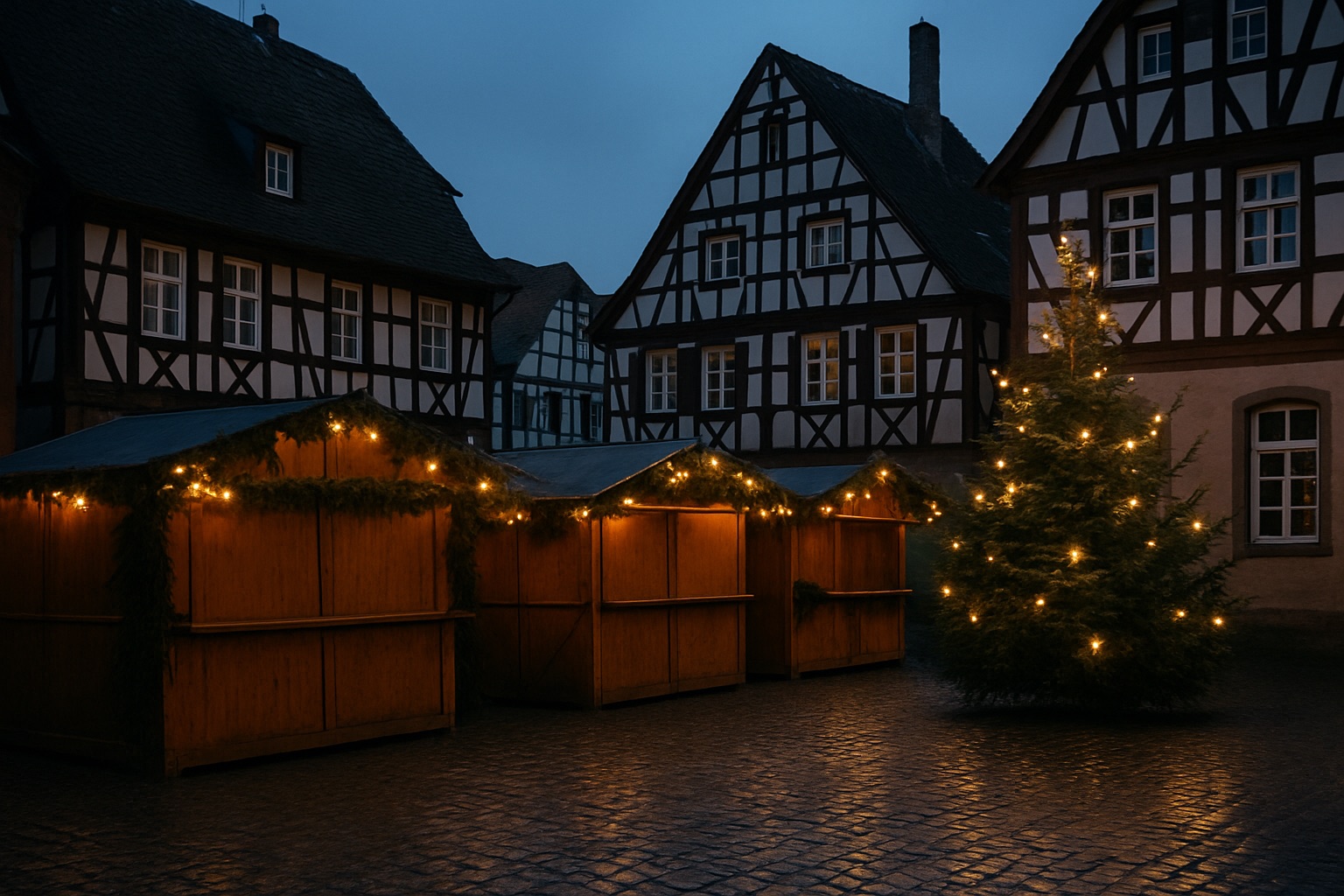 Kleiner Weihnachtsmarkt mit Holzbuden, Tannengrün und Lichterketten vor Fachwerkhäusern zur blauen Stunde