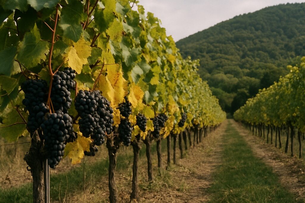 Rebzeile mit reifen blauen Trauben vor dem bewaldeten Hang der Haardt