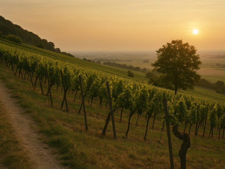 Rebzeilen am Hang am Abend, dahinter die weite Rheinebene im Dunst und am linken Rand der Waldsaum der Haardt