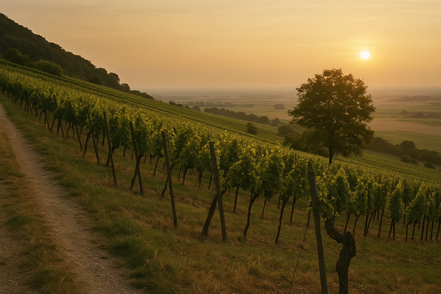 Rebzeilen am Hang am Abend, dahinter die weite Rheinebene im Dunst und am linken Rand der Waldsaum der Haardt