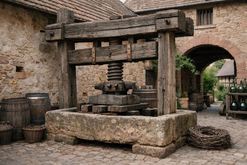 Alte Weinpresse mit hölzerner Spindel in einem historischen Winzerhof