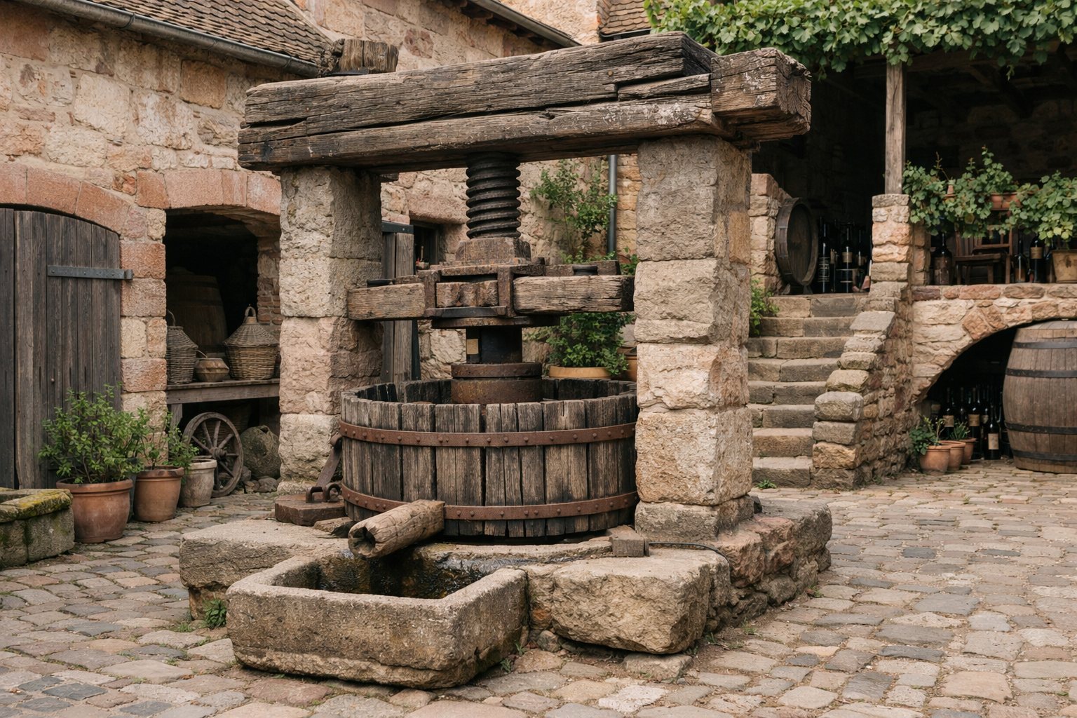 Alte Steinkelter im Hof eines Winzerguts aus Sandstein