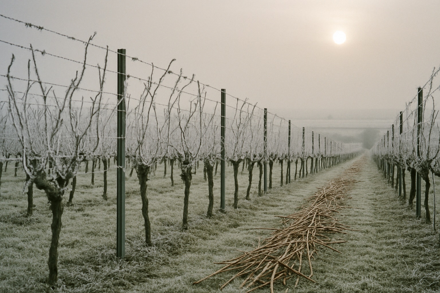 Geschnittene Reben mit Raureif an einem Frostmorgen im Januar, Rebholz liegt zwischen den Zeilen