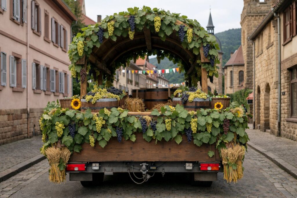 Mit Weinlaub und Trauben geschmückter Festwagen in einer Straße