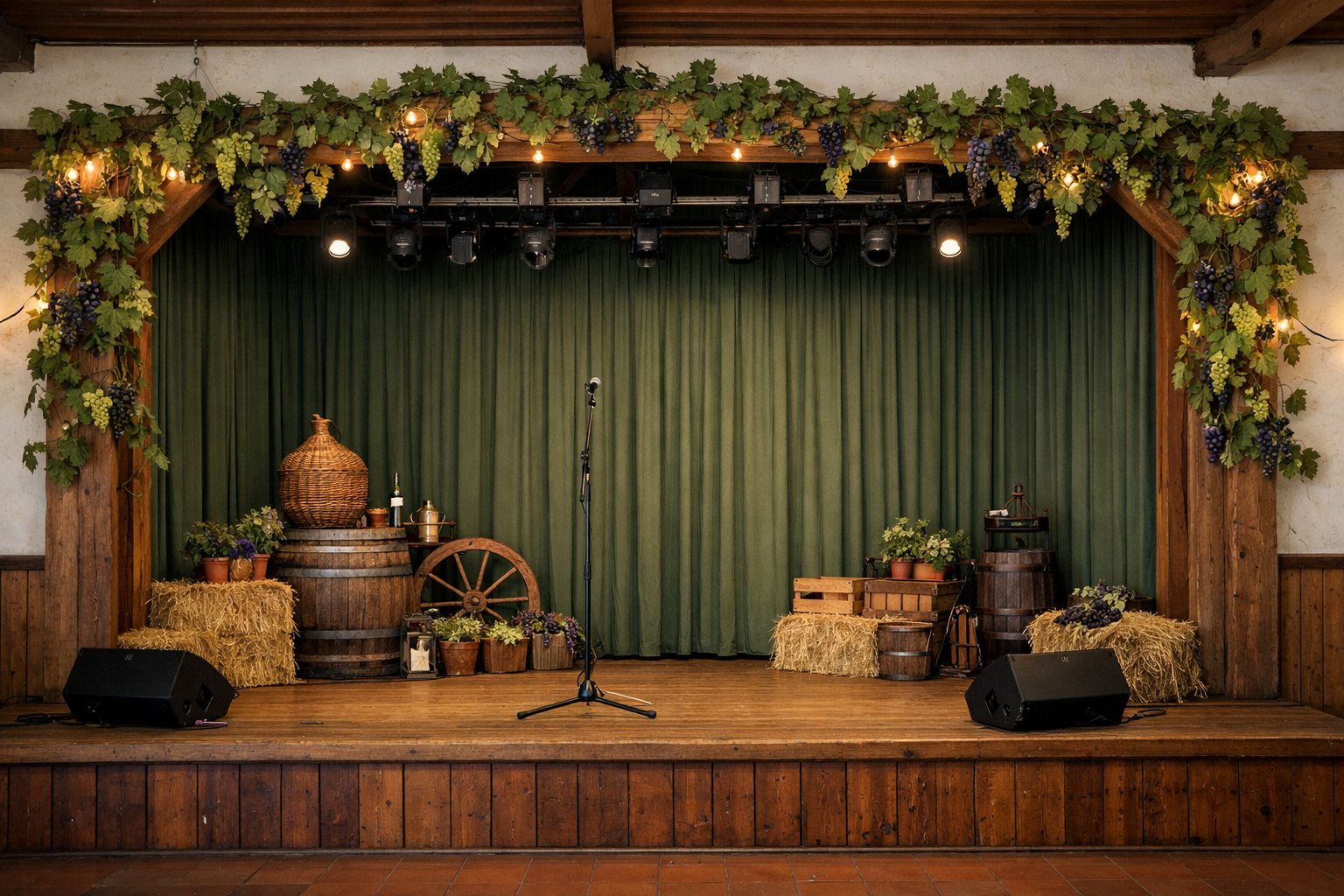 Festsaal mit leerer Bühne und Schmuck aus Weinlaub und Trauben