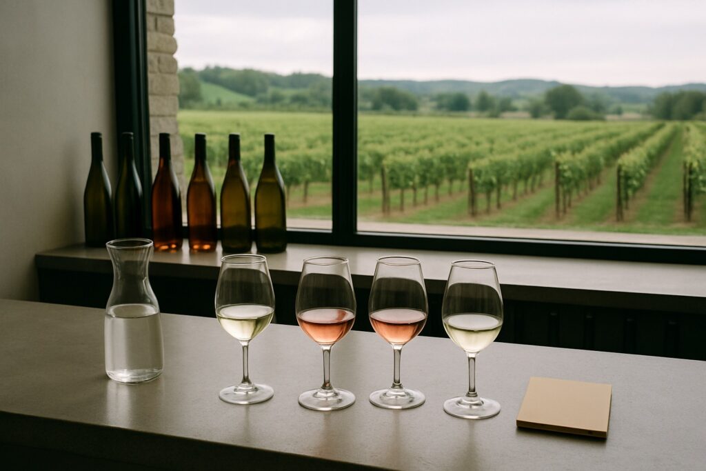 Probiertheke mit Gläsern Weißwein und Rosé und einer Wasserkaraffe vor einem großen Fenster zu den Reben