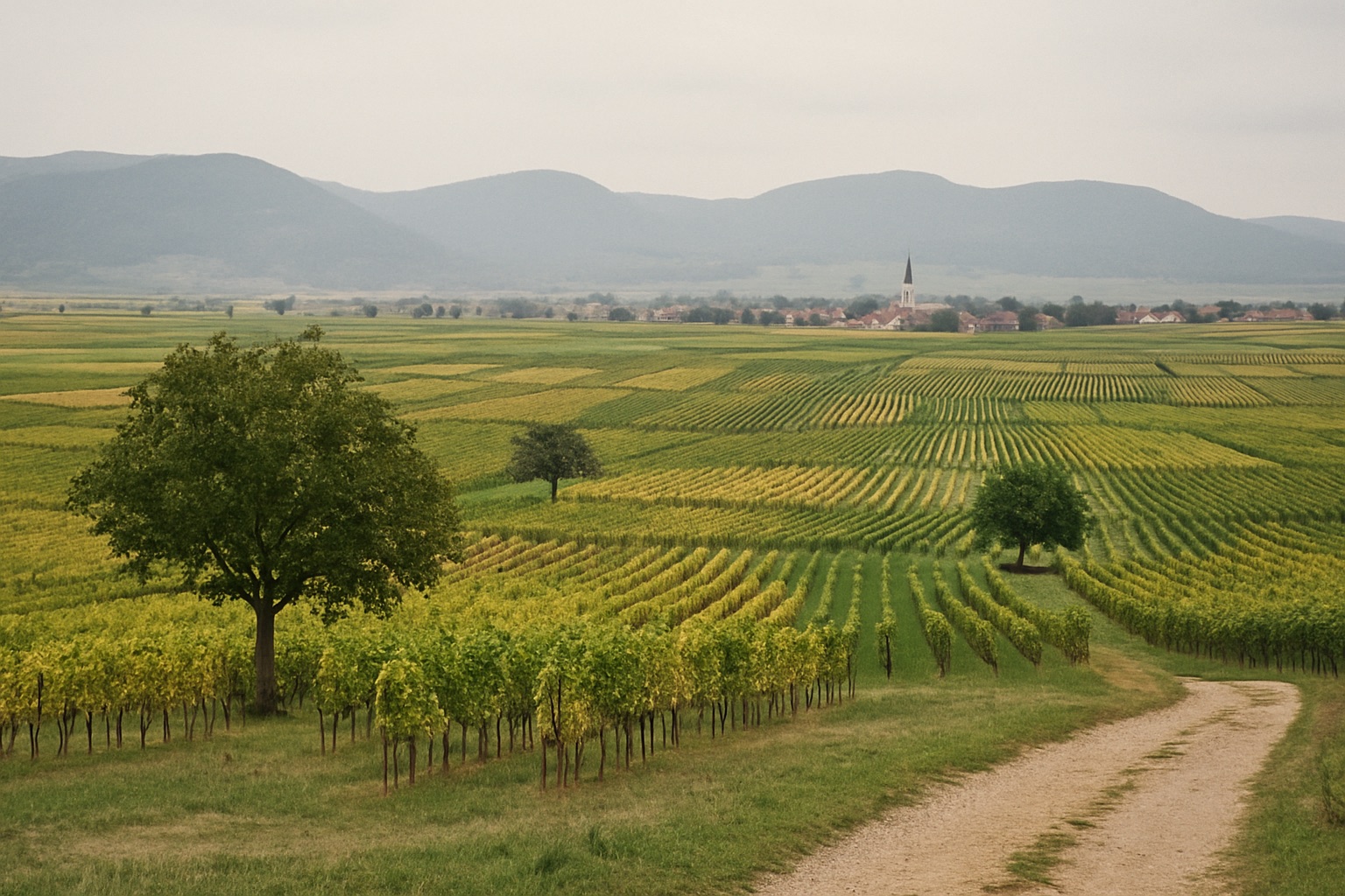 Mosaik aus vielen kleinen Rebparzellen mit Nussbäumen, ein Dorf mit Kirchturm und dahinter die Haardt im Dunst