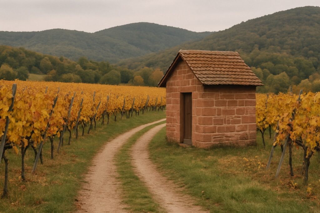 Kleines Weinbergshäuschen aus Sandstein mit Ziegeldach zwischen Rebzeilen im Herbst