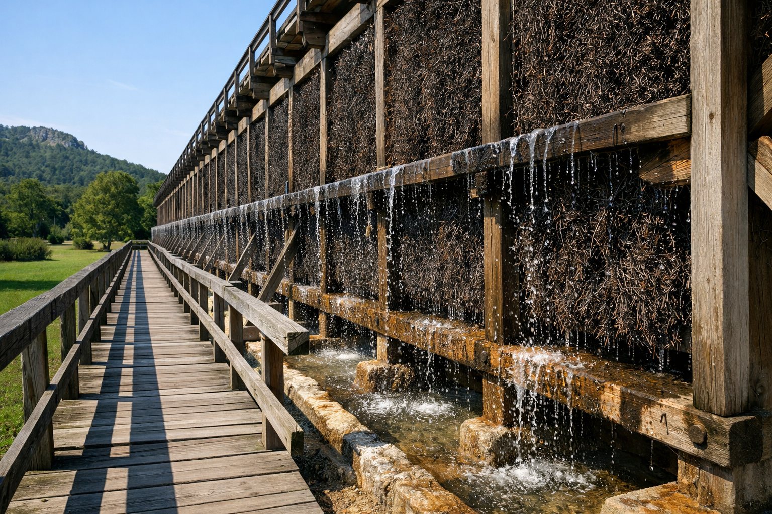 Gradierwerk mit Reisigwand und Holzgang an einem sonnigen Tag