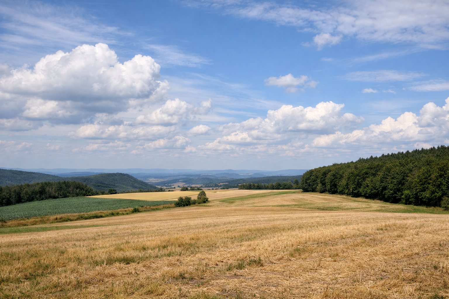 Weite Hochfläche mit Feldern und Waldrändern unter hohem Wolkenhimmel