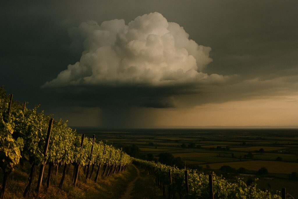 Gewitterwolke über der Rheinebene am Abend, goldenes Licht auf den Reben im Vordergrund