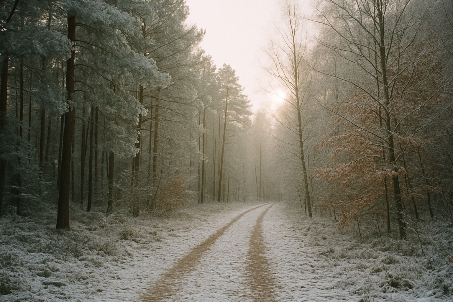 Waldweg mit dünner Schneedecke, Raureif an Kiefern und Buchen, tiefe Wintersonne